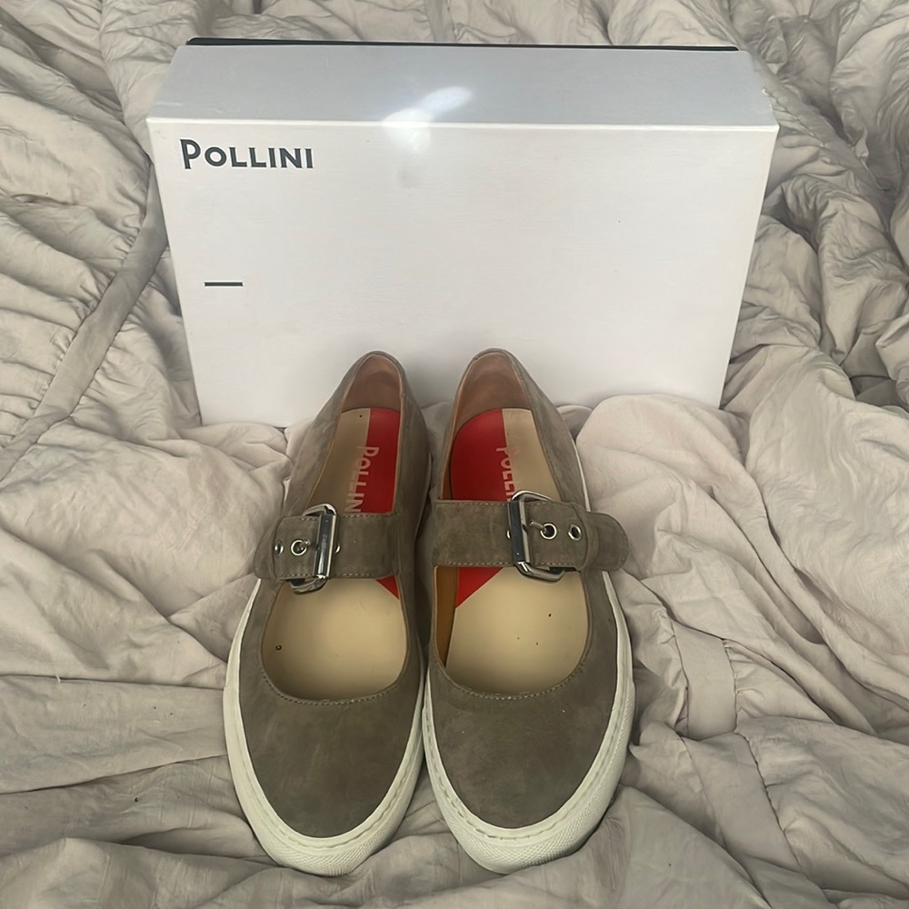 Pollini suede maryjane flats with rubber sole for added comfort.